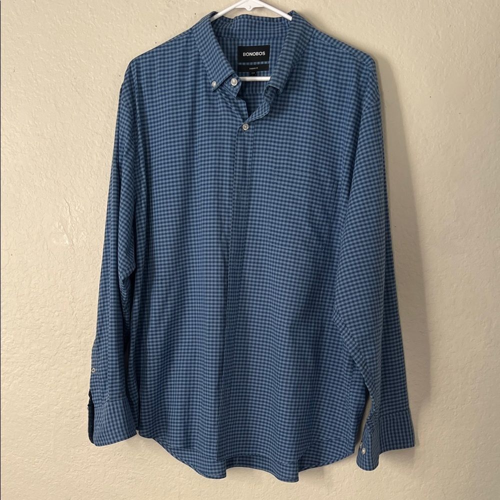 Bonobos Men's Blue Gingham Shirt Standard Fit Short XL